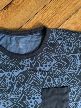L.L. Bean Blue Geometric Fish Print Pocket Tee